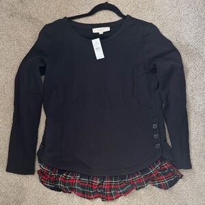LOFT Black Top with Red Plaid Hem